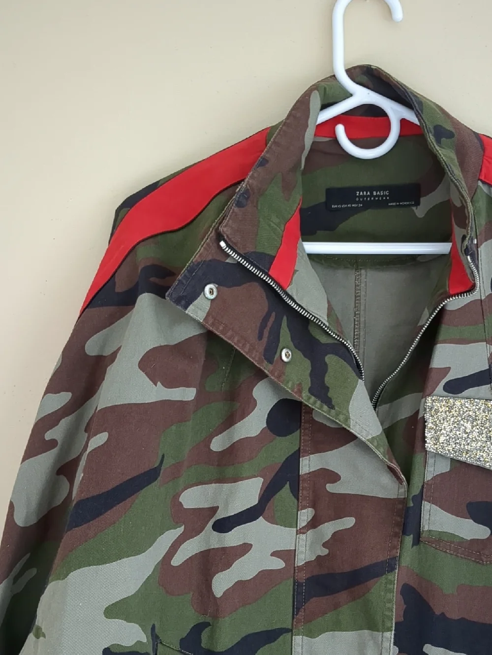 XS Zara Basic Camo Red Stripe Jacket Glitter Pocket Flap Oversized